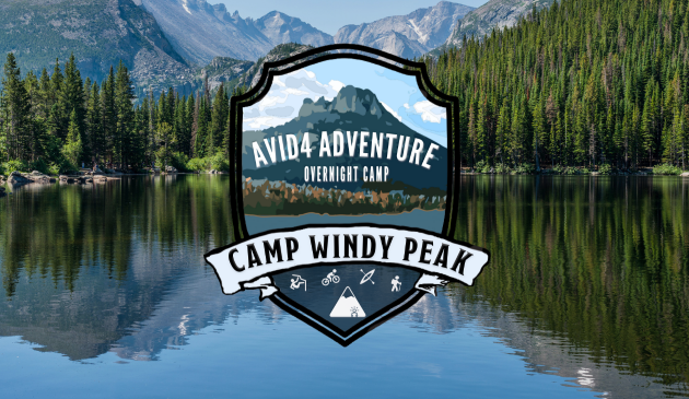 Avid4 Adventure Camp badge in front of a lake